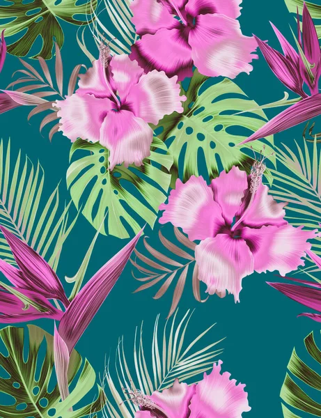 Floral Seamless pattern. Jungle illustration. Exotic plants. Summer beach floral design. Paradise nature