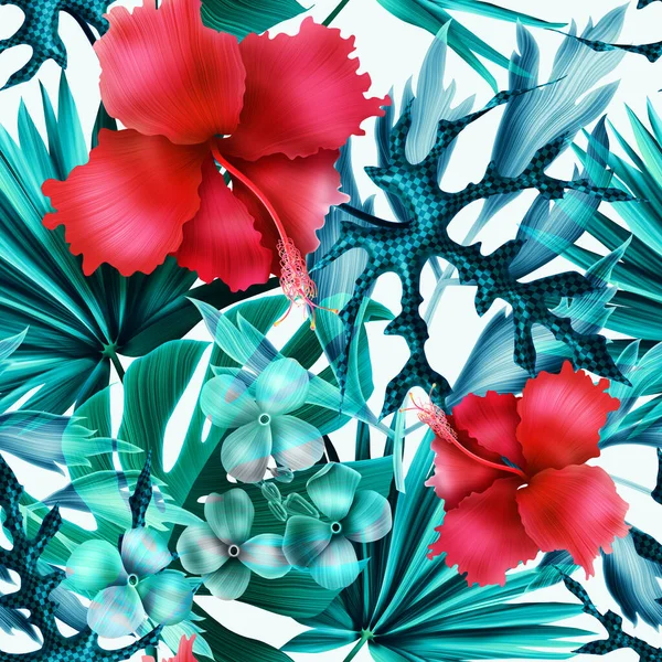 Tropical seamless pattern with bright colors, leaves and flowers. Unique high quality image. Hawaiian floral design