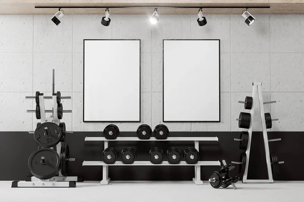 Spor salonunun duvarında iki poster var. 3d oluşturma