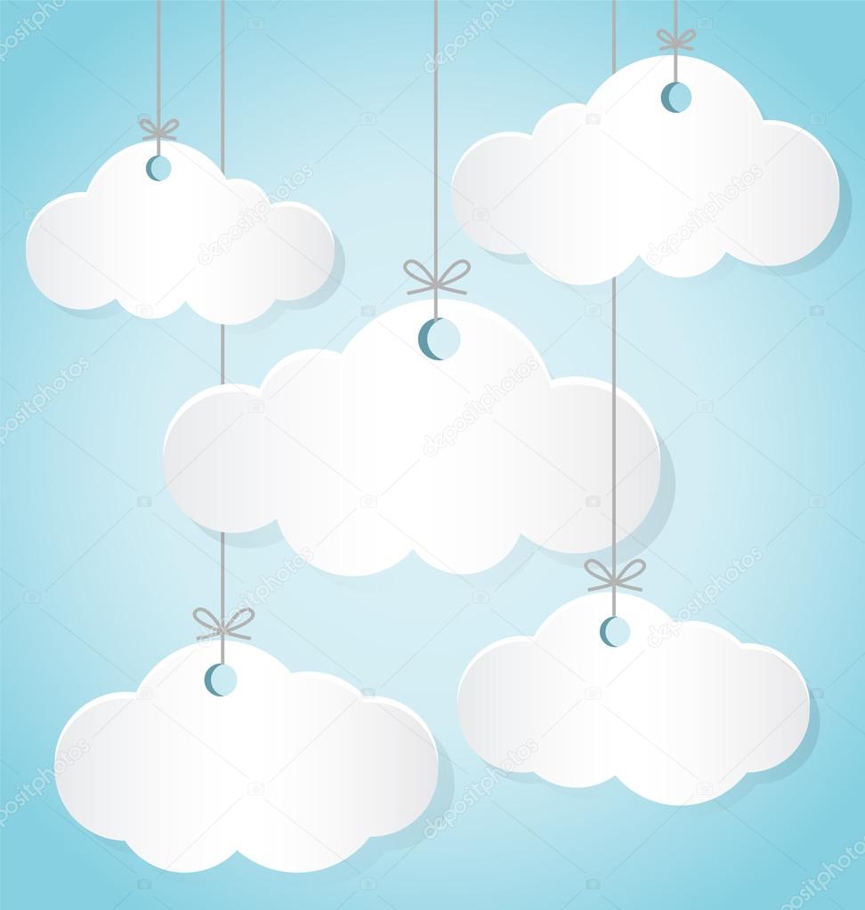 Paper Clouds Hanging The Ropes on Blue Background