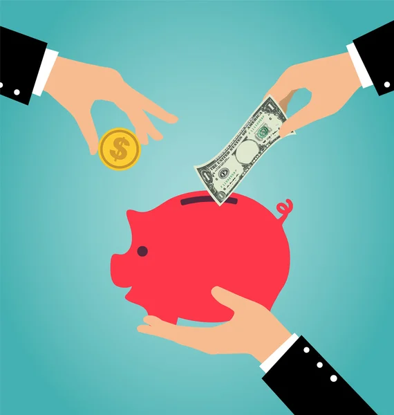 Dłoń biznes wprowadzenie monet i pieniądze na piggy bank — Wektor stockowy