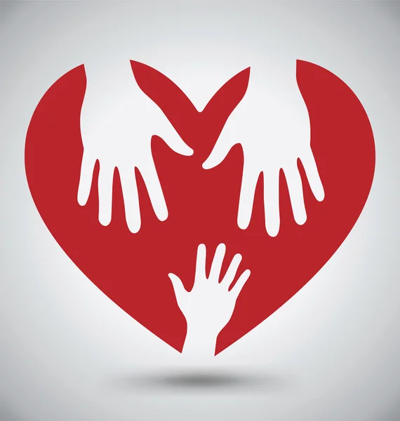 Две помогающие руки на красном сердце — стоковый вектор