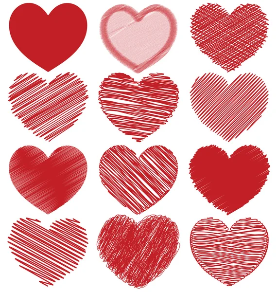 Conjunto de corações desenhados à mão do Scribble, projeto do vetor do ícone — Vetor de Stock