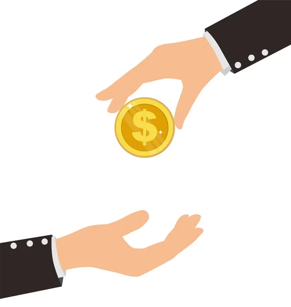 Business mano ricevendo moneta da un'altra persona, Concetto Finanza — Vettoriale Stock