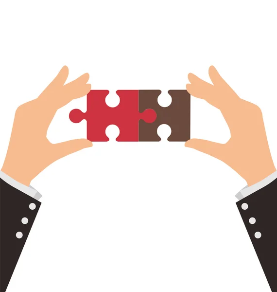 Duas mãos de negócios conectam duas peças de quebra-cabeça, conceito de trabalho em equipe — Vetor de Stock