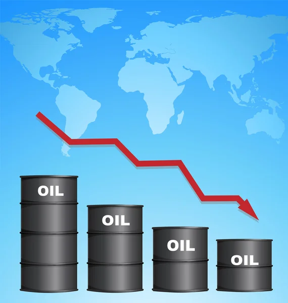 विश्व मानचित्र पृष्ठभूमि के साथ तेल की कीमत कम हो रही है, तेल मूल्य अवधारणा — स्टॉक वेक्टर