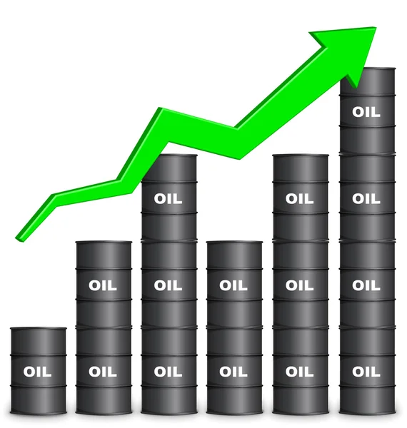 Oil Barrels And Green Arrow Chart On White Background, Up Trend Stock