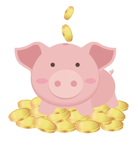 Cute Piggy Bank стоит на многих золотых монетах, сохраняя концепцию — стоковый вектор