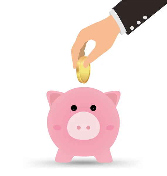 Business Hand Picking Up Gold Coin Into Piggy Bank, Save Money C — Stock Vector