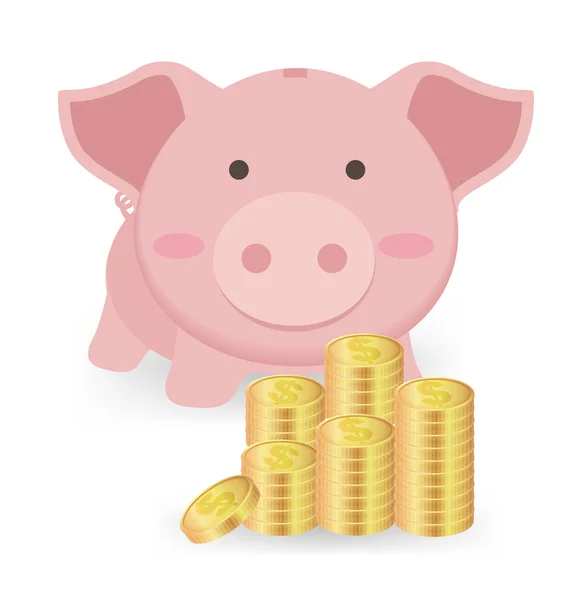 Piggy Bank en stapels geld munten geïsoleerd op witte achtergrond — Stockvector