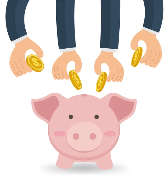 Mãos de negócios juntos colocando dinheiro com bonito Piggy Bank —  Vetores de Stock