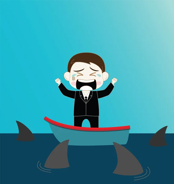 Empresario asustado en barco rodeado de tiburones — Vector de stock