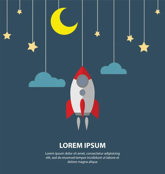 Luna plana, estrella y un cohete colgando de las cuerdas de nuevos negocios — Vector de stock