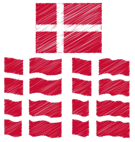 Lapos és integetett kézzel húz vázlat Dánia zászlaja — Stock Vector