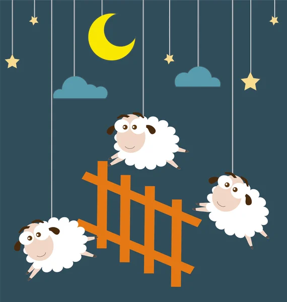 Schafe und Zaun hängen an den Seilen mit Nachtszene — Stockvektor
