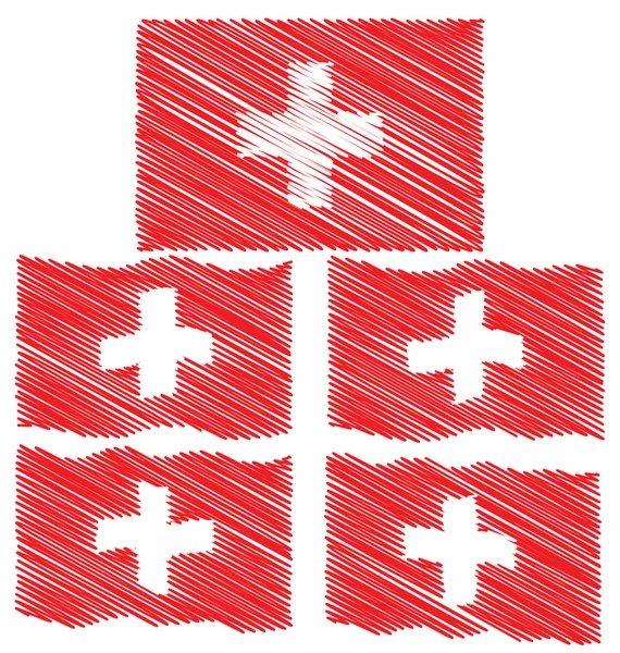 Piatto e sventolando mano disegnare Sketch Bandiera della Svizzera — Vettoriale Stock