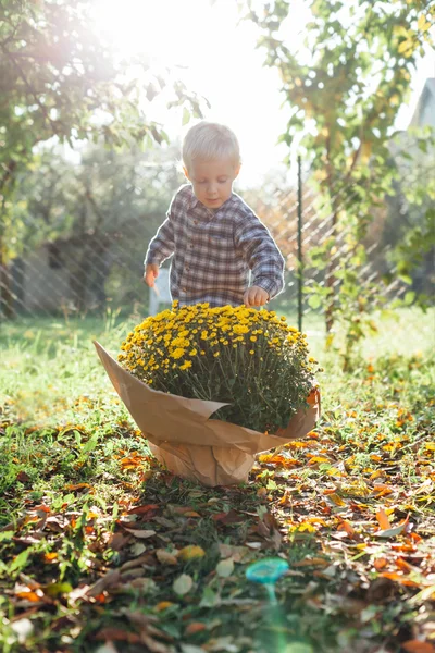 Happy little boy with autumn flowers in the garden