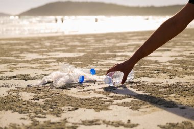 İnsanlar plajda plastik şişe çöpleri saklıyorlar.