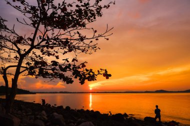 Gün batımında gölgeli tropikal sahil kıyısı Laem Hua Mong - Kho Kwang Viewpoint, Tayland
