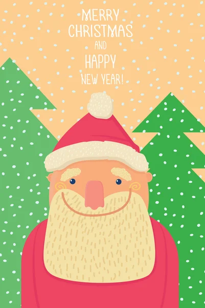 Santa Claus sonriendo fondo de christmastrees — Vector de stock