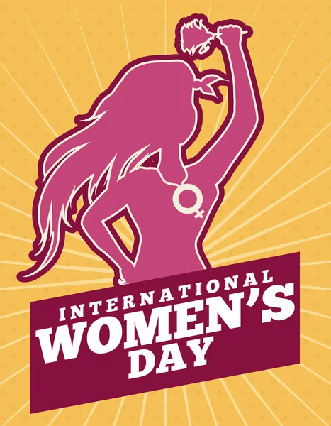 Bellezza donna silhouette con le mani in alto tenendo una rosa per la giornata della donna, illustrazione vettoriale — Vettoriale Stock