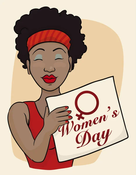 Beauty Brunette Holding a Banner with Women's Day Message, Vector Illustration — Stockový vektor