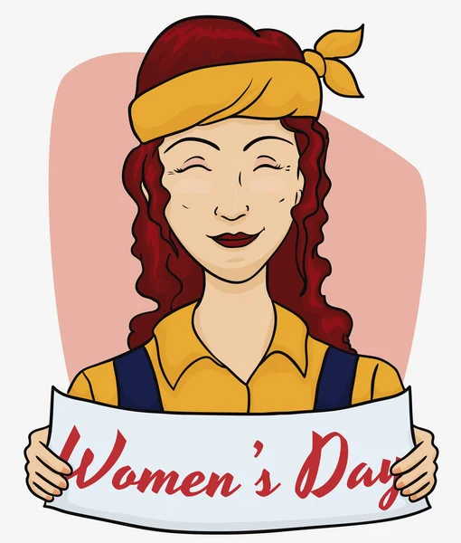 Mature Worker Redhead with a Placard with Women's Day Text, Vector Illustration — Stockvector