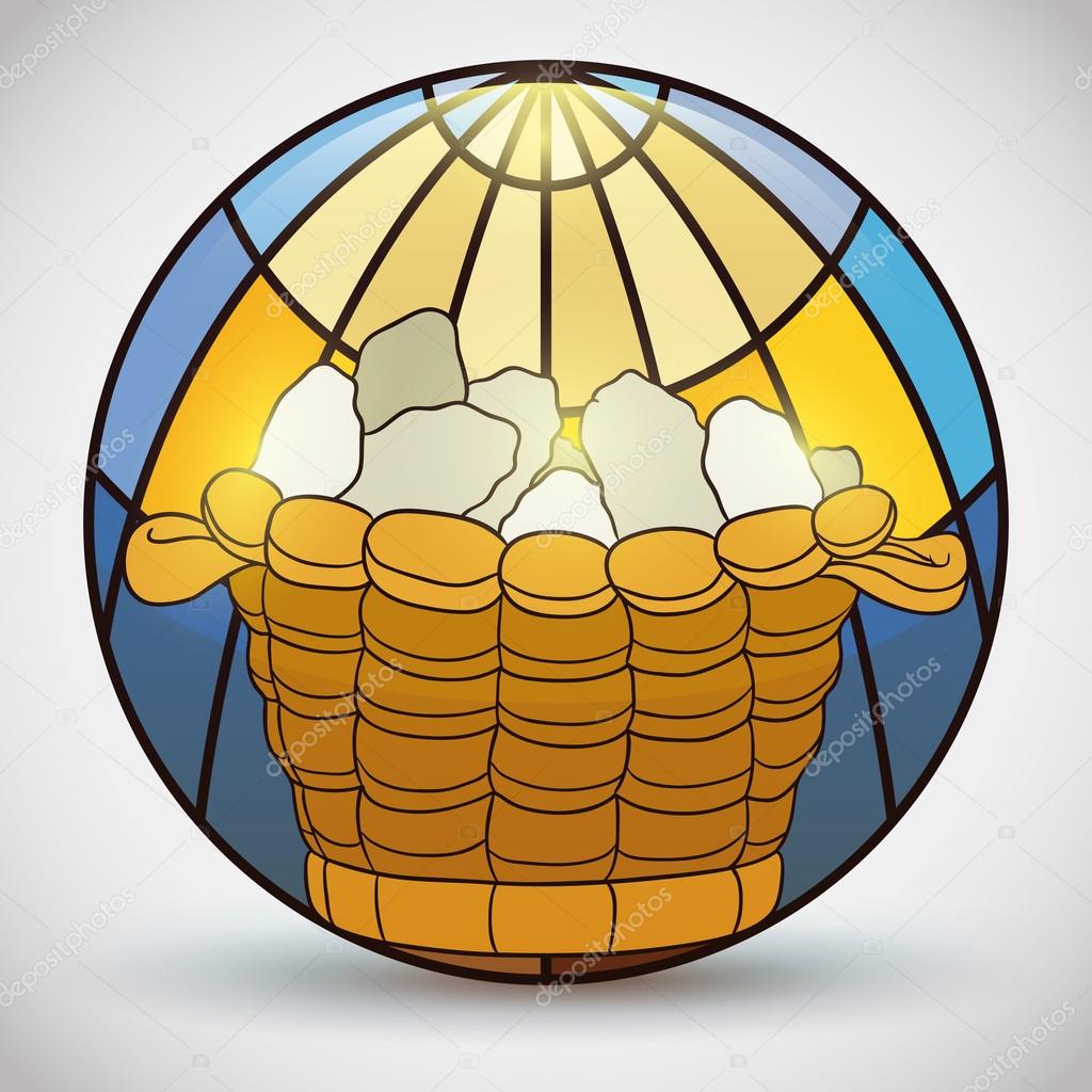 Stained Glass with Miracle of Breads in a Basket, Vector Illustration