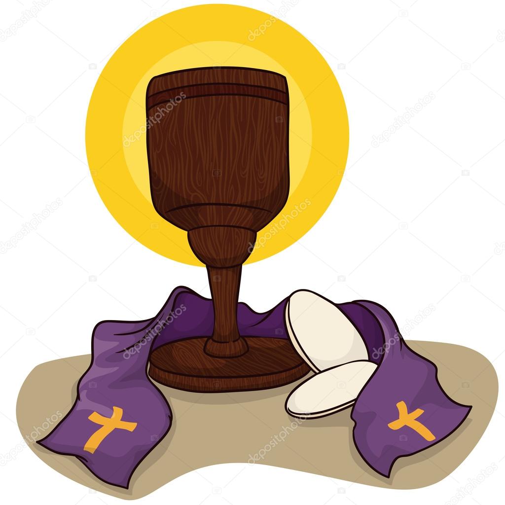 Catholic Chalice with Communion Breads and Stole, Vector Illustration