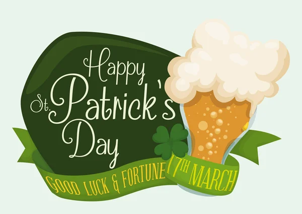 Happy St. Patrick's Day Sign with Cold Beer, Vector Illustration — Stock Vector