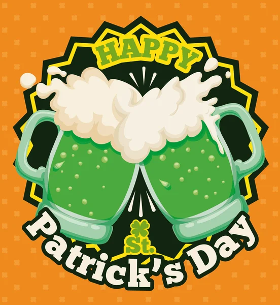 Couple of Foamy Beers Toasting for Patrick's Day Poster, Vector Illustration — Stock Vector