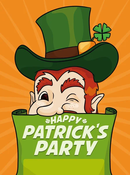 Leprechaun Winking derrière un rouleau vous invitant à la fête de Patrick Affiche de fête, Illustration vectorielle — Image vectorielle