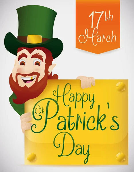 Leprechaun sorridente com sinal de ouro para celebração do Dia de Patrick, ilustração vetorial — Vetor de Stock