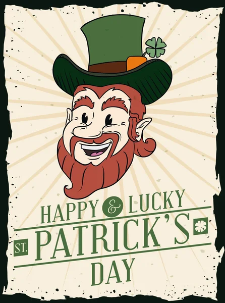 Cartel de estilo de dibujos animados retro con duende feliz para el día de San Patricio, ilustración vectorial — Vector de stock