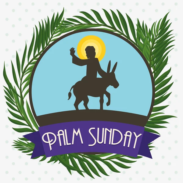 Palmeras alrededor del Círculo con Jesús en un Burro para el Domingo de Ramos, Vector Ilustración — Archivo Imágenes Vectoriales