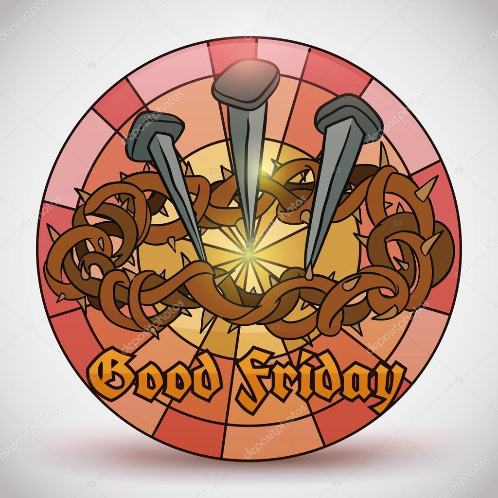 Stained Glass with Crown of Thorns and Nails for Good Friday, Vector Illustration