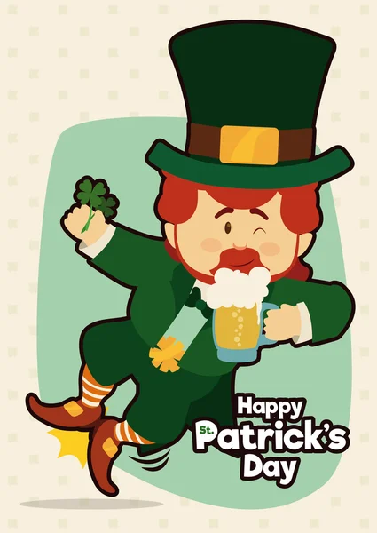 Cute Leprechaun Jumping and Drinking a Cold Beer, Vector Illustration — 图库矢量图片