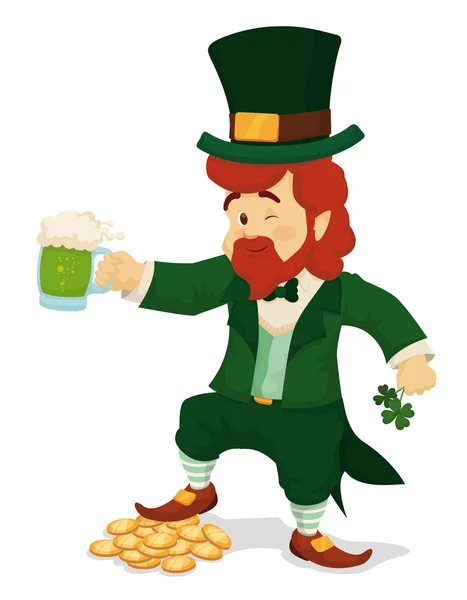 Leprechaun Célébration de la Saint Patrick avec de la bière et des pièces d'or, Illustration vectorielle — Image vectorielle