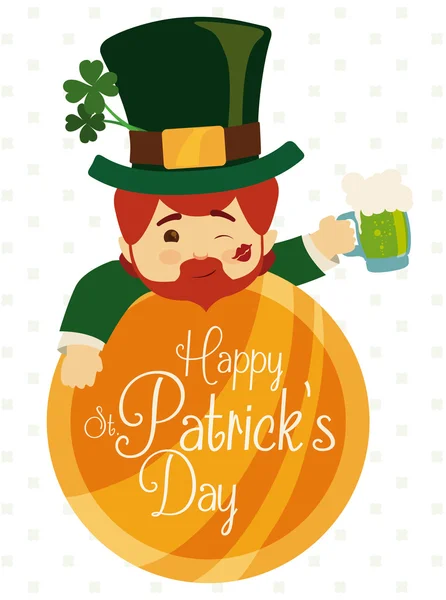 Leprechaun Elf Celebrating St. Patrick's Day with a Beer, Vector Illustration — Stock Vector
