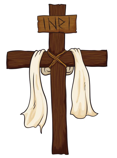 Wooden Holy Cross with Fabric and INRI sign, Vector Illustration — Stok Vektör