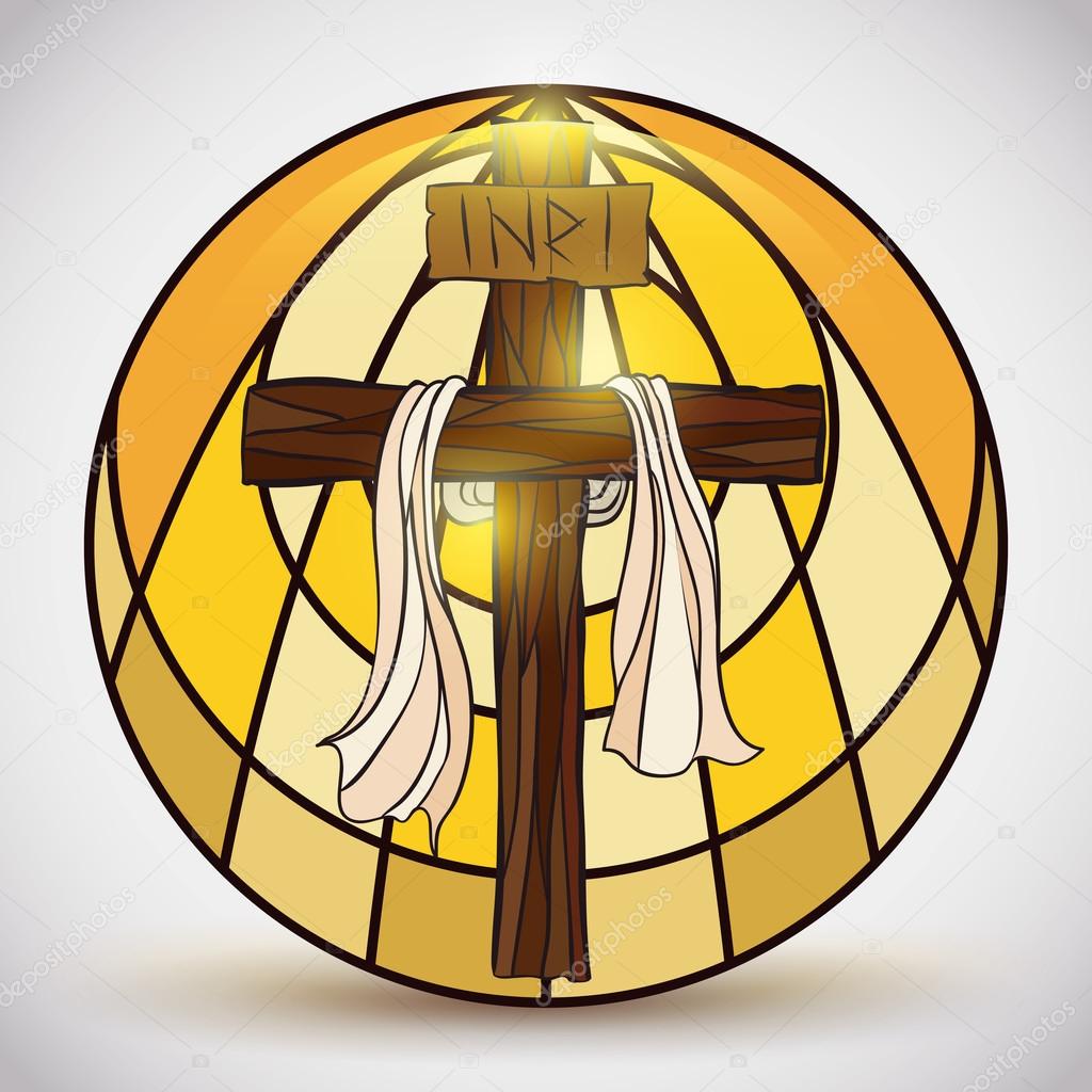Stained Glass with Holy Cross Symbol Inside, Vector Illustration