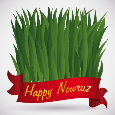 Sabzeh for Nowruz with a Red Ribbon and Golden Greeting, Vector Illustration clipart