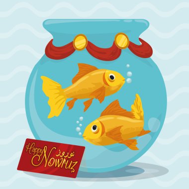 Goldfishes ile Fishbowl Nowruz Olay, Vektör İllüstrasyon kutlamak için