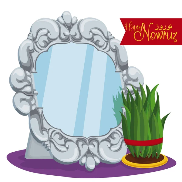 Decoración tradicional para Nowruz con Sabzeh y espejo para vacaciones, ilustración vectorial — Vector de stock