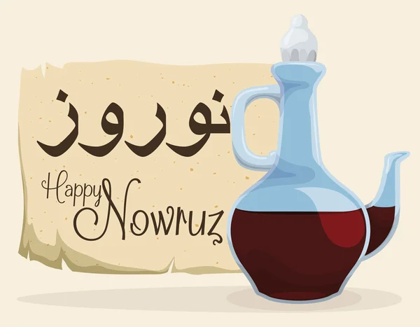 Vinagre em Cruet and Scroll com mensagem de saudação para Nowruz, ilustração vetorial — Vetor de Stock