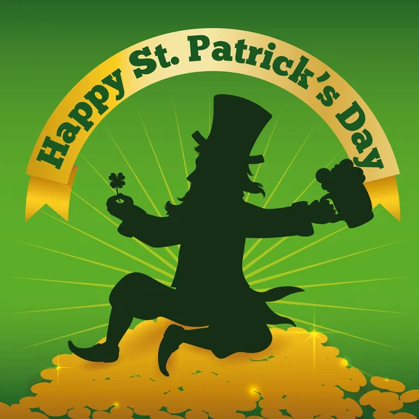 Leprechaun au trèfle, bière et or pour la fête de Patrick, illustration vectorielle — Image vectorielle