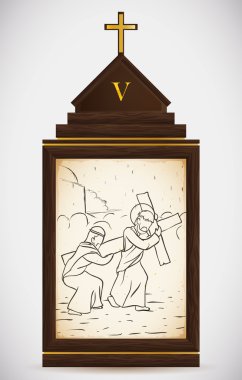 Simon Cyrene of Jesus Carry haç, vektör çizim yardımcı olur.