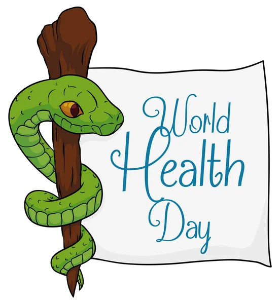 Símbolo de Asclépio com um documento para o Dia Mundial da Saúde, ilustração vetorial — Vetor de Stock