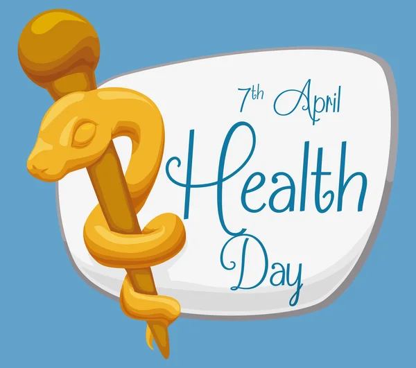 Haste de ouro de Asclépio com um sinal para o Dia Mundial da Saúde, ilustração vetorial —  Vetores de Stock