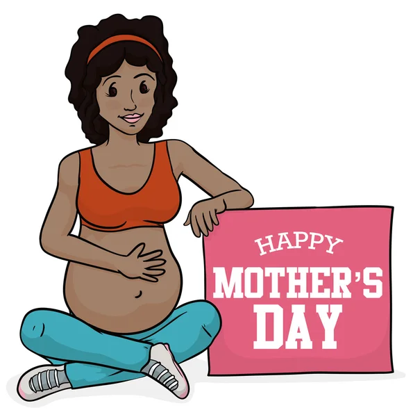 Fitness zwangere vrouw met een roze teken voor Mother's Day, vectorillustratie — Stockvector